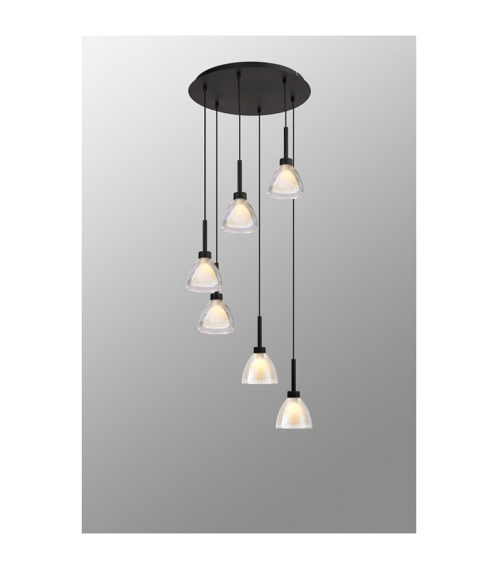 Baldwin 42cm Round Multiple Pendant 2.5m Curved Cone Glass (U) 6 Light G9 Satin Black/Iridescent/Opal-3