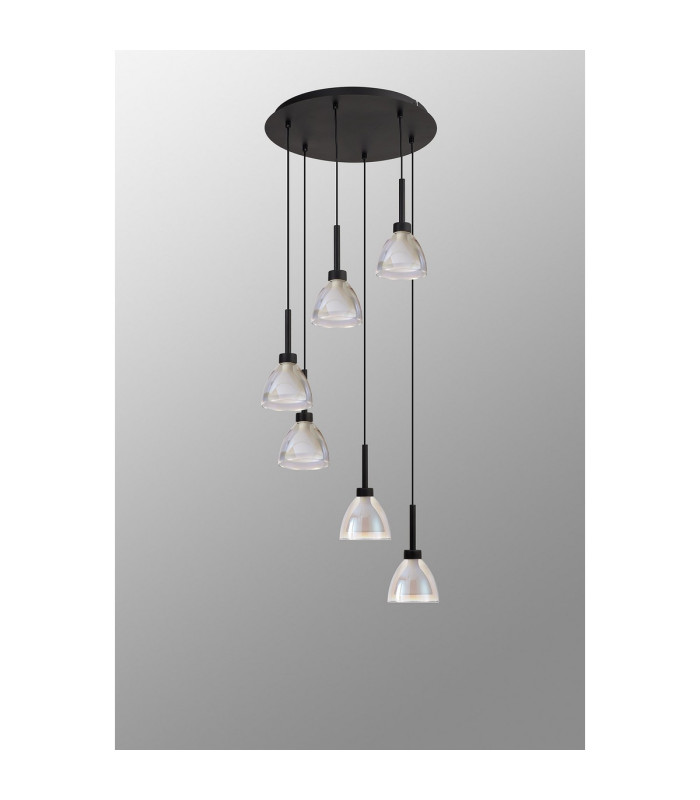 Baldwin 42cm Round Multiple Pendant 2.5m Curved Cone Glass (U) 6 Light G9 Satin Black/Iridescent/Opal-13
