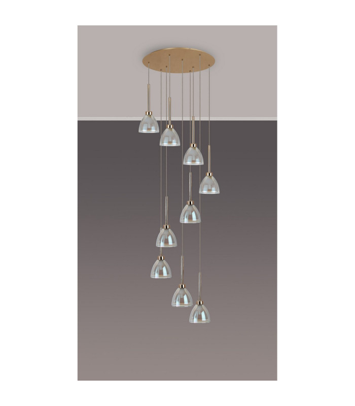 Baldwin 52cm Round Multiple Pendant 2.5m Curved Cone Glass (U) 9 Light G9 French Gold/Iridescent/Opal-12