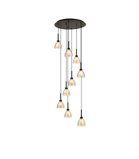 Baldwin 52cm Round Multiple Pendant 2.5m Curved Cone Glass (U) 9 Light G9 Satin Black/Iridescent/Opal-1