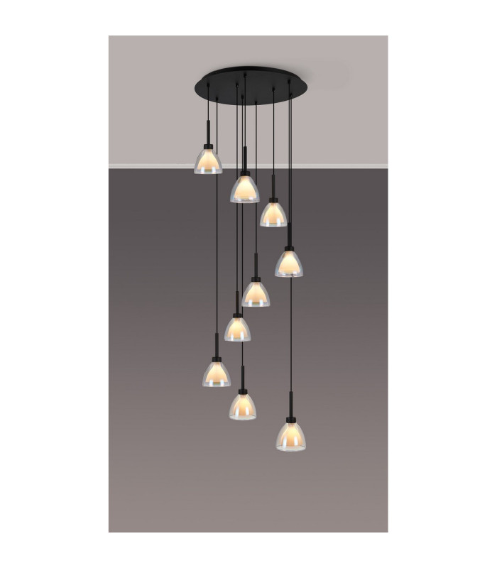 Baldwin 52cm Round Multiple Pendant 2.5m Curved Cone Glass (U) 9 Light G9 Satin Black/Iridescent/Opal-3
