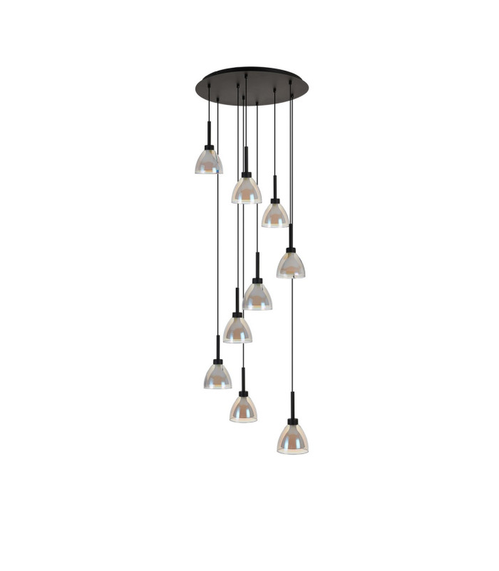 Baldwin 52cm Round Multiple Pendant 2.5m Curved Cone Glass (U) 9 Light G9 Satin Black/Iridescent/Opal-4