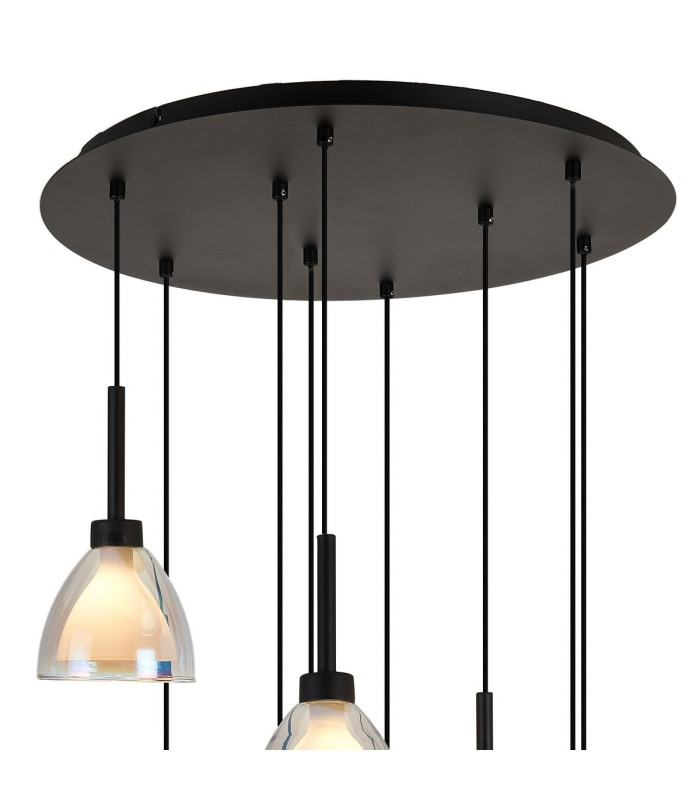 Baldwin 52cm Round Multiple Pendant 2.5m Curved Cone Glass (U) 9 Light G9 Satin Black/Iridescent/Opal-5