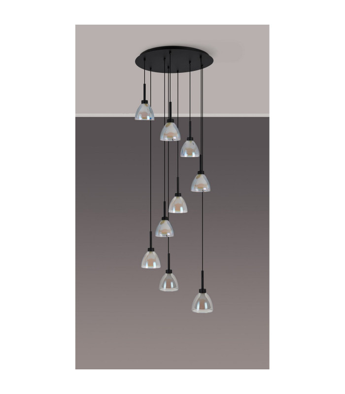 Baldwin 52cm Round Multiple Pendant 2.5m Curved Cone Glass (U) 9 Light G9 Satin Black/Iridescent/Opal-14