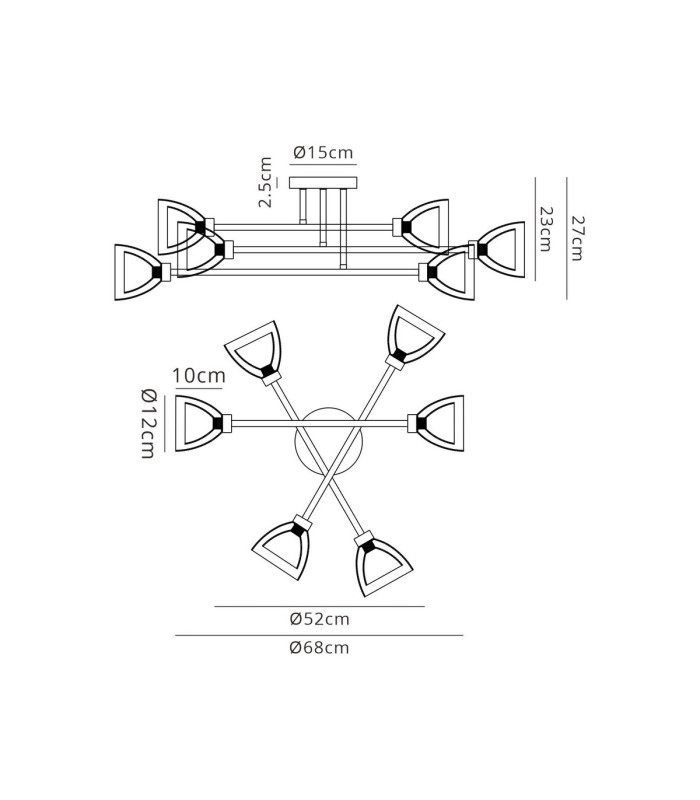 Baldwin 68cm Crossed Arm Semi Flush Curved Cone Glass (U) 6 Light G9 Satin Black/Iridescent/Opal-2