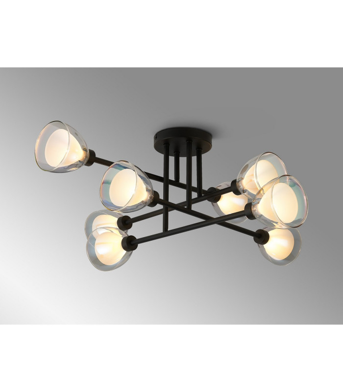 Baldwin 84cm Crossed Arm Semi Flush Curved Cone Glass (U) 8 Light G9 Satin Black/Iridescent/Opal-3