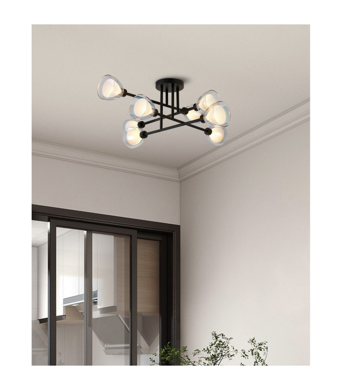 Baldwin 84cm Crossed Arm Semi Flush Curved Cone Glass (U) 8 Light G9 Satin Black/Iridescent/Opal-4
