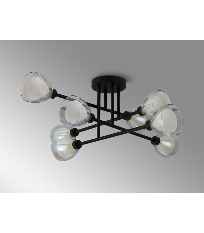 Baldwin 84cm Crossed Arm Semi Flush Curved Cone Glass (U) 8 Light G9 Satin Black/Iridescent/Opal-16