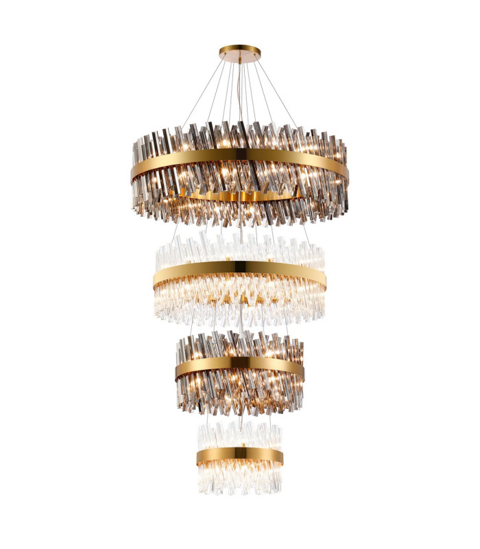 Lysander 4 Tier 40cm + 60cm + 80cm + 1m Pendant 10 + 18 + 24 + 32 Light G9 Brass/Smoke/Clear Item Weight: 80kg-1