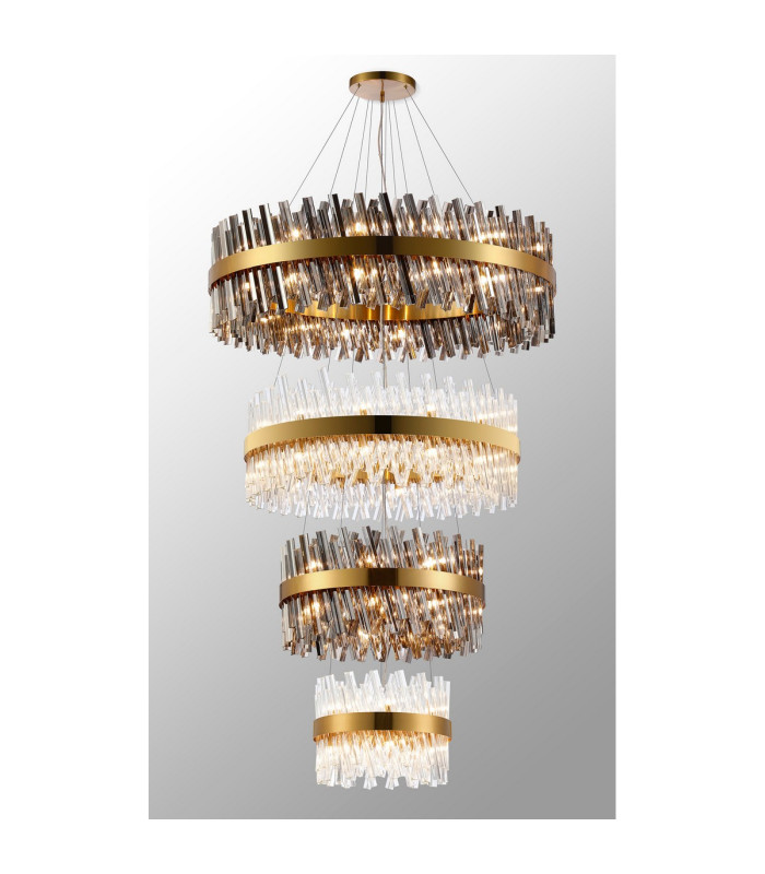 Lysander 4 Tier 40cm + 60cm + 80cm + 1m Pendant 10 + 18 + 24 + 32 Light G9 Brass/Smoke/Clear Item Weight: 80kg-3