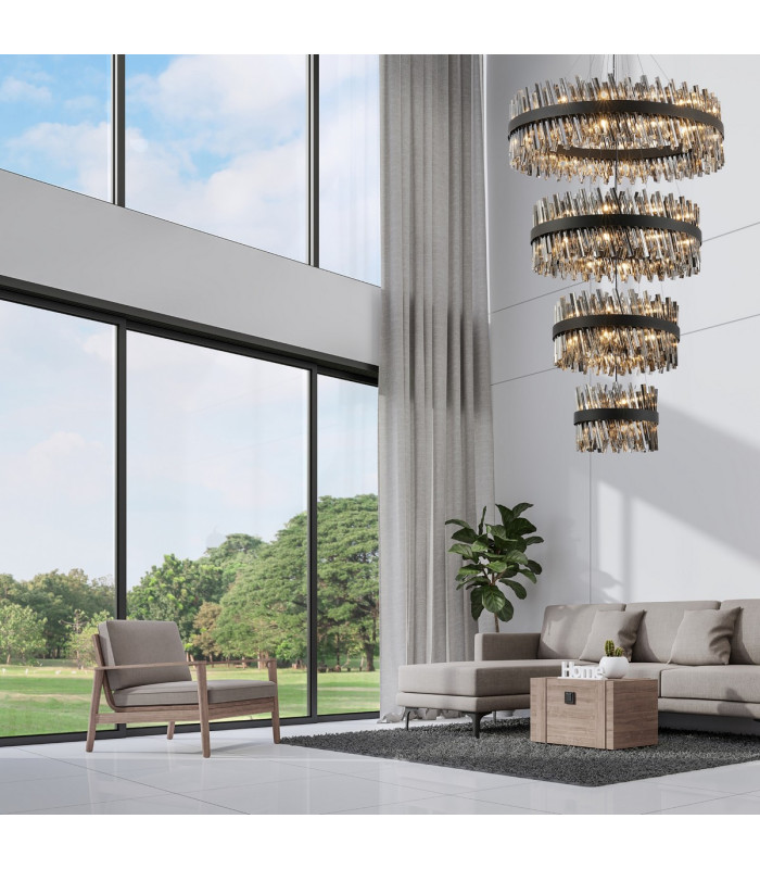 Lysander 4 Tier 40cm + 60cm + 80cm + 1m Pendant 10 + 18 + 24 + 32 Light G9 Satin Black/Smoke Item Weight: 80kg-6