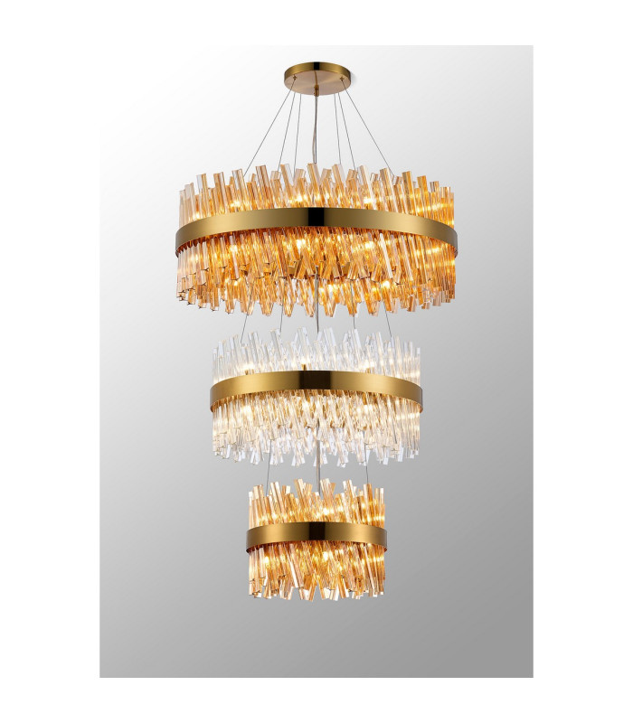 Lysander 3 Tier 40cm + 60cm + 80cm Pendant 10 + 18 + 24 Light G9 Brass/Amber/Clear Item Weight: 50kg-3