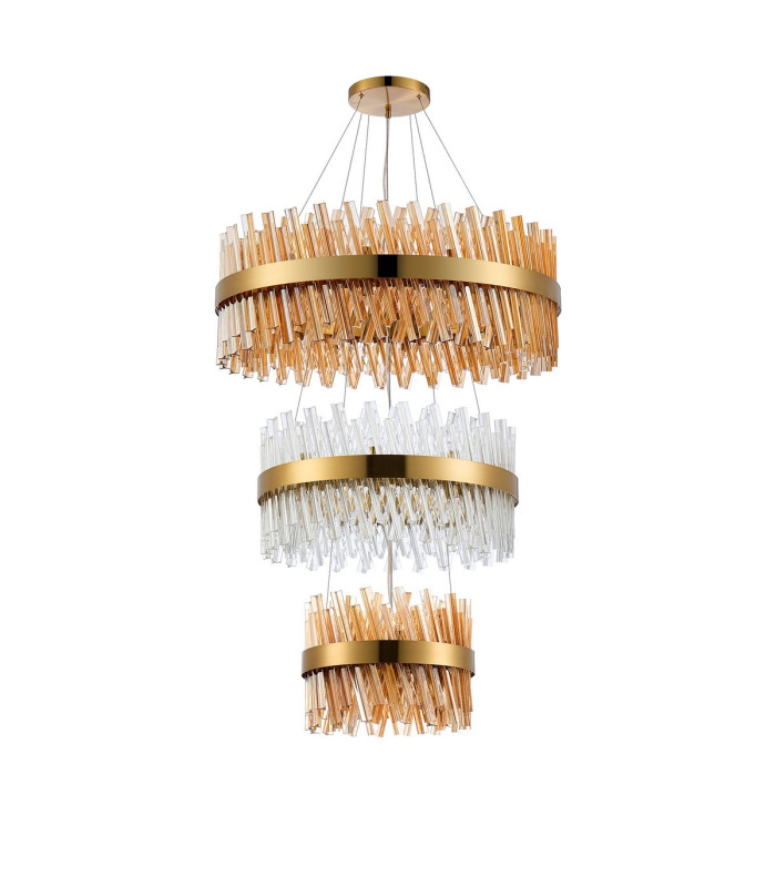 Lysander 3 Tier 40cm + 60cm + 80cm Pendant 10 + 18 + 24 Light G9 Brass/Amber/Clear Item Weight: 50kg-4