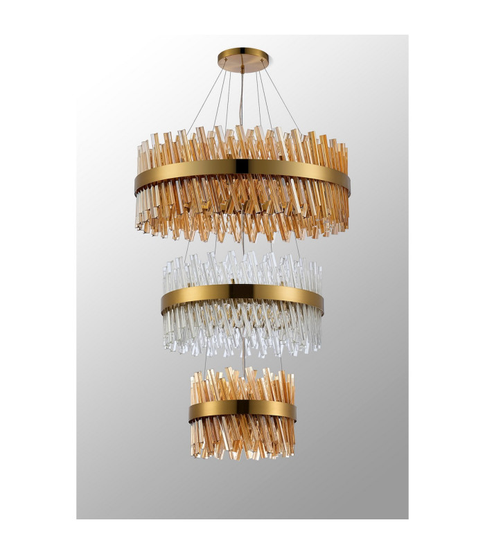Lysander 3 Tier 40cm + 60cm + 80cm Pendant 10 + 18 + 24 Light G9 Brass/Amber/Clear Item Weight: 50kg-10
