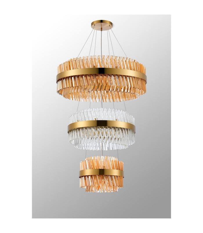Lysander 3 Tier 40cm + 60cm + 80cm Pendant 10 + 18 + 24 Light G9 Brass/Amber/Clear Item Weight: 50kg-12