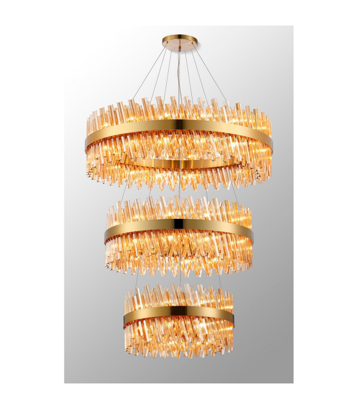 Lysander 3 Tier 60cm + 80cm + 1m Pendant 18 + 24 + 32 Light G9 Brass/Amber Item Weight: 70kg-3