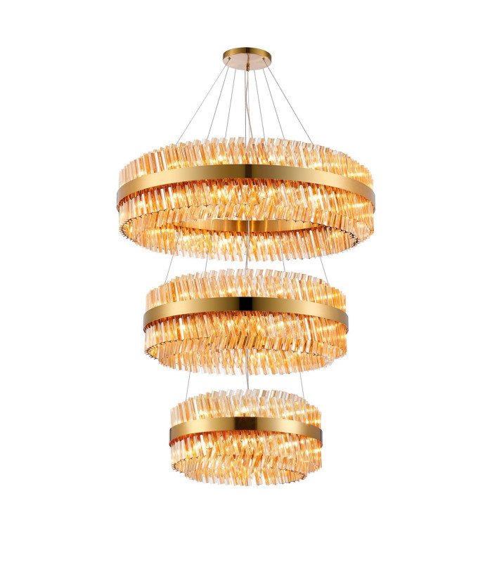 Lysander 3 Tier 60cm + 80cm + 1m Pendant 18 + 24 + 32 Light G9 Brass/Amber Item Weight: 70kg-5