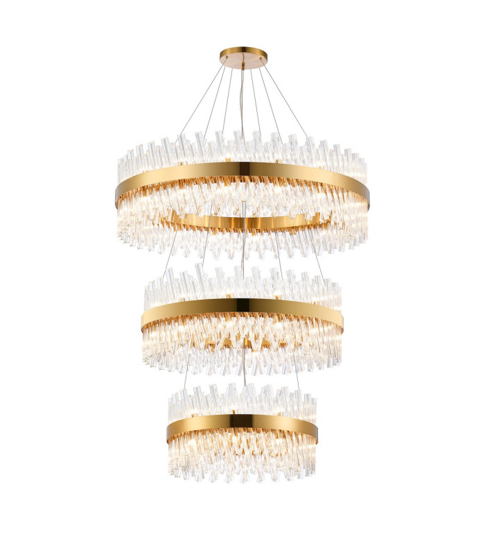 Lysander 3 Tier 60cm + 80cm + 1m Pendant 18 + 24 + 32 Light G9 Brass/Clear Item Weight: 70kg-1