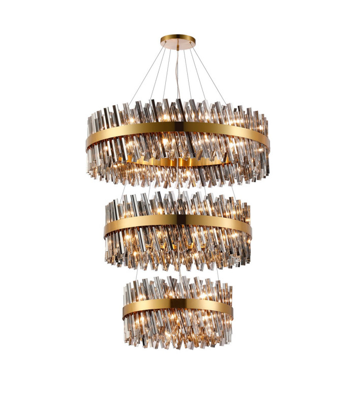 Lysander 3 Tier 60cm + 80cm + 1m Pendant 18 + 24 + 32 Light G9 Brass/Smoke Item Weight: 70kg-1