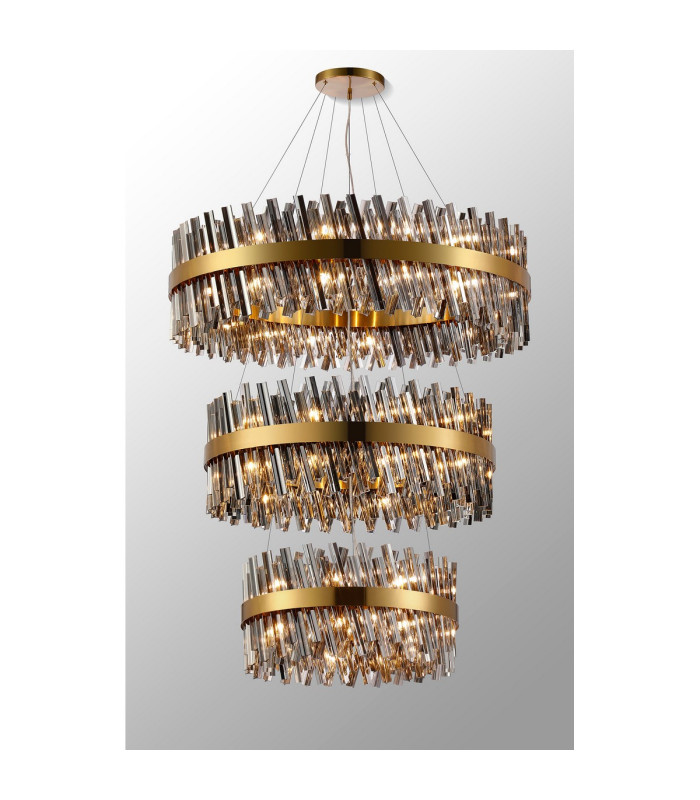 Lysander 3 Tier 60cm + 80cm + 1m Pendant 18 + 24 + 32 Light G9 Brass/Smoke Item Weight: 70kg-3