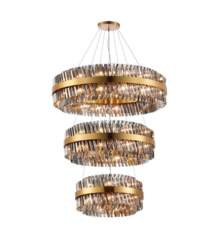 Lysander 3 Tier 60cm + 80cm + 1m Pendant 18 + 24 + 32 Light G9 Brass/Smoke Item Weight: 70kg-5