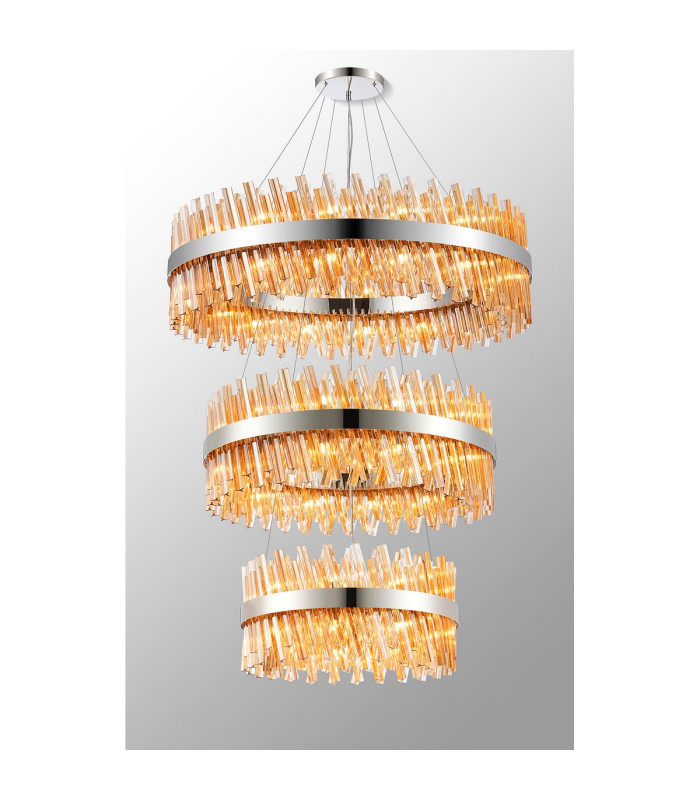 Lysander 3 Tier 60cm + 80cm + 1m Pendant 18 + 24 + 32 Light G9 Polished Nickel/Amber Item Weight: 70kg-3