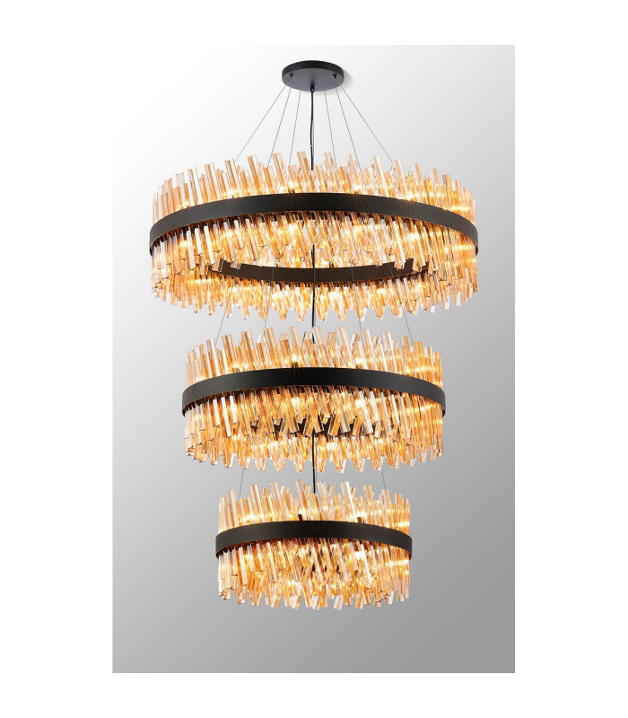 Lysander 3 Tier 60cm + 80cm + 1m Pendant 18 + 24 + 32 Light G9 Satin Black/Amber Item Weight: 70kg-3