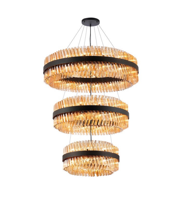 Lysander 3 Tier 60cm + 80cm + 1m Pendant 18 + 24 + 32 Light G9 Satin Black/Amber Item Weight: 70kg-5