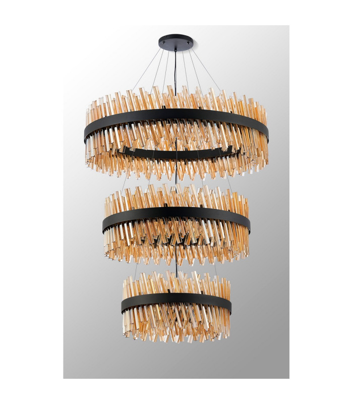 Lysander 3 Tier 60cm + 80cm + 1m Pendant 18 + 24 + 32 Light G9 Satin Black/Amber Item Weight: 70kg-10