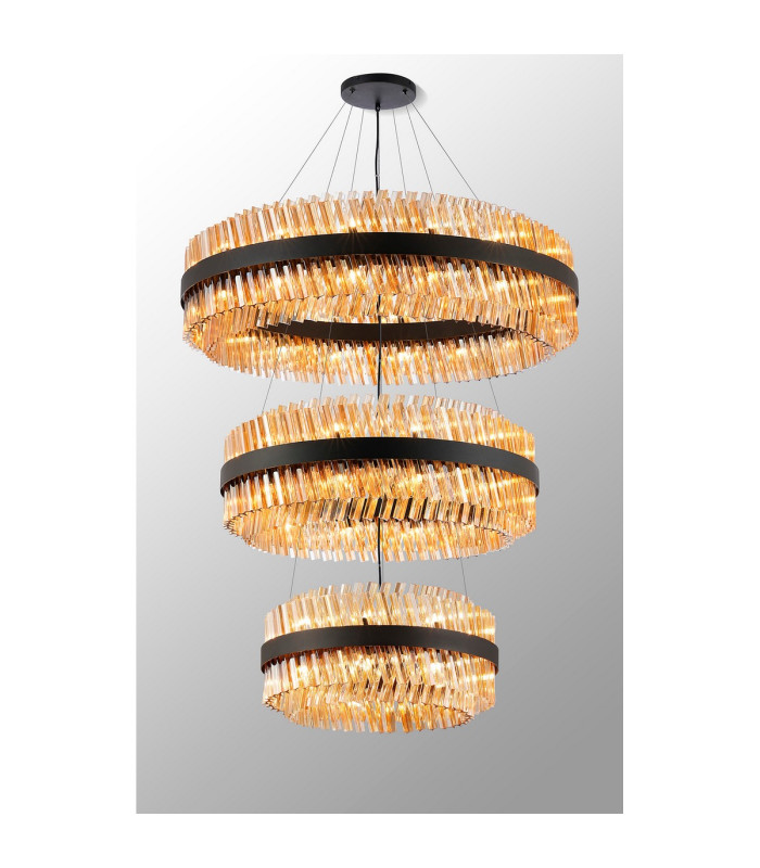 Lysander 3 Tier 60cm + 80cm + 1m Pendant 18 + 24 + 32 Light G9 Satin Black/Amber Item Weight: 70kg-11