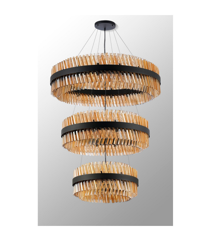 Lysander 3 Tier 60cm + 80cm + 1m Pendant 18 + 24 + 32 Light G9 Satin Black/Amber Item Weight: 70kg-12