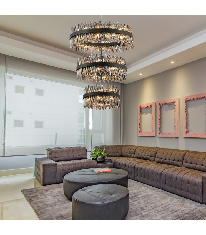 Lysander 3 Tier 60cm + 80cm + 1m Pendant 18 + 24 + 32 Light G9 Satin Black/Smoke Item Weight: 70kg-4