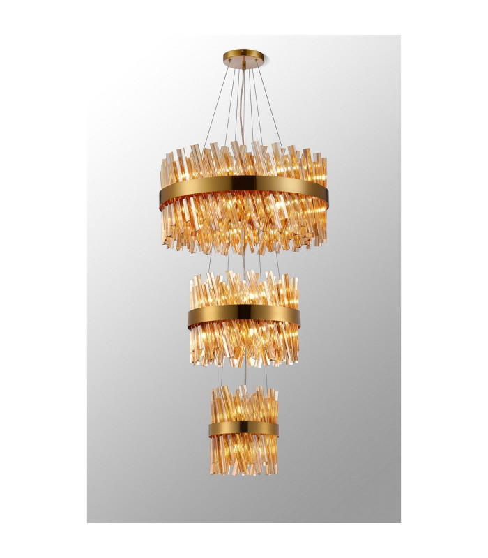 Lysander 3 Tier 25cm + 40cm + 60cm Pendant 6 + 10 + 18 Light G9 Brass/Amber Item Weight: 34kg-3