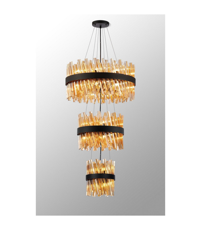 Lysander 3 Tier 25cm + 40cm + 60cm Pendant 6 + 10 + 18 Light G9 Satin Black/Amber Item Weight: 34kg-3