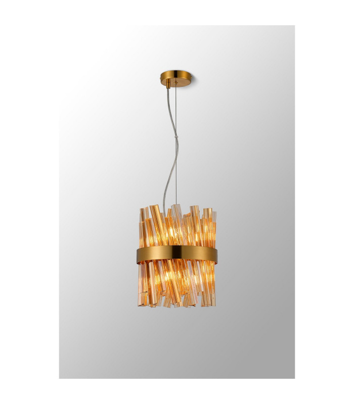 Lysander Pendant Round 25cm 6 Light G9 Brass / Amber Sculpted Glass-3