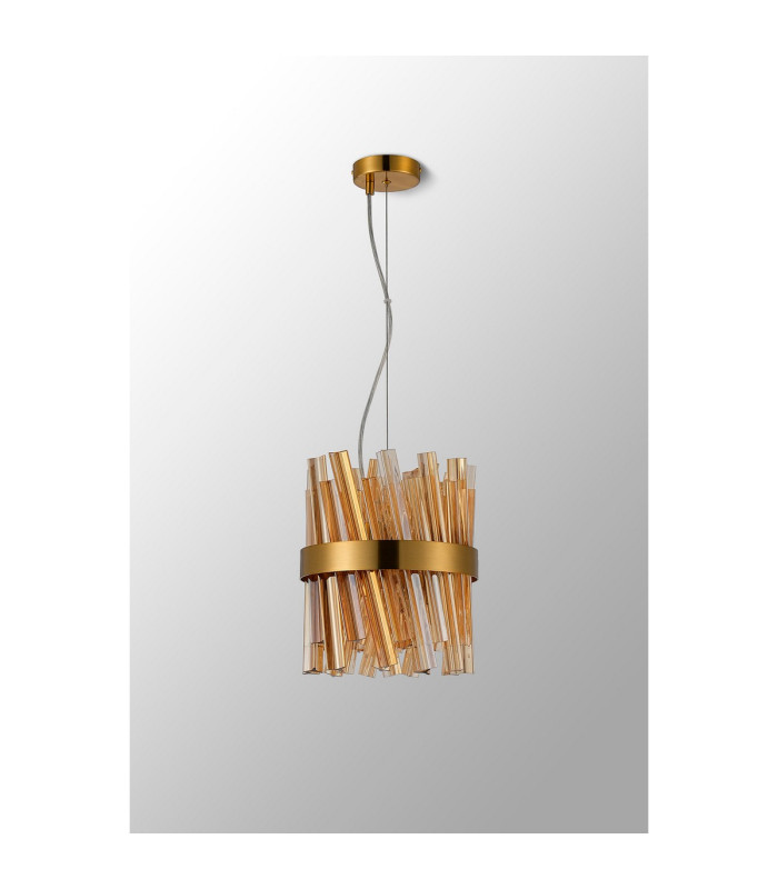 Lysander Pendant Round 25cm 6 Light G9 Brass / Amber Sculpted Glass-11