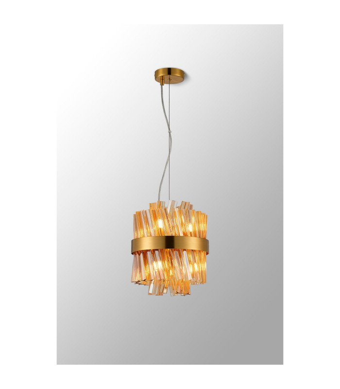 Lysander Pendant Round 25cm 6 Light G9 Brass / Amber Sculpted Glass-12