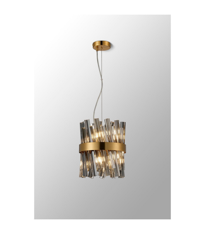 Lysander Pendant Round 25cm 6 Light G9 Brass / Smoke Sculpted Glass-3