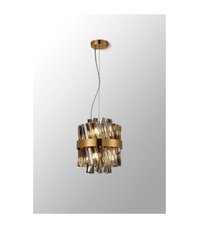Lysander Pendant Round 25cm 6 Light G9 Brass / Smoke Sculpted Glass-12
