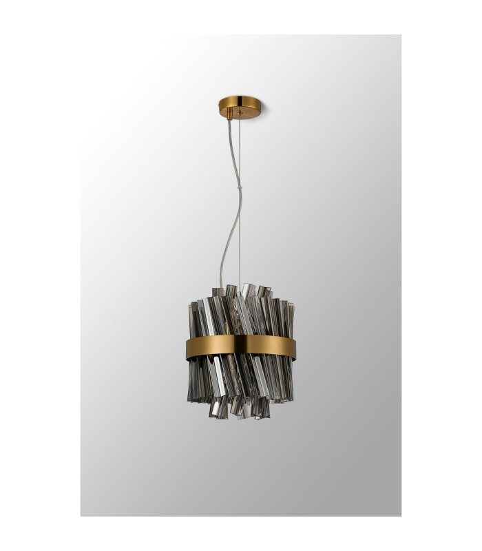 Lysander Pendant Round 25cm 6 Light G9 Brass / Smoke Sculpted Glass-13