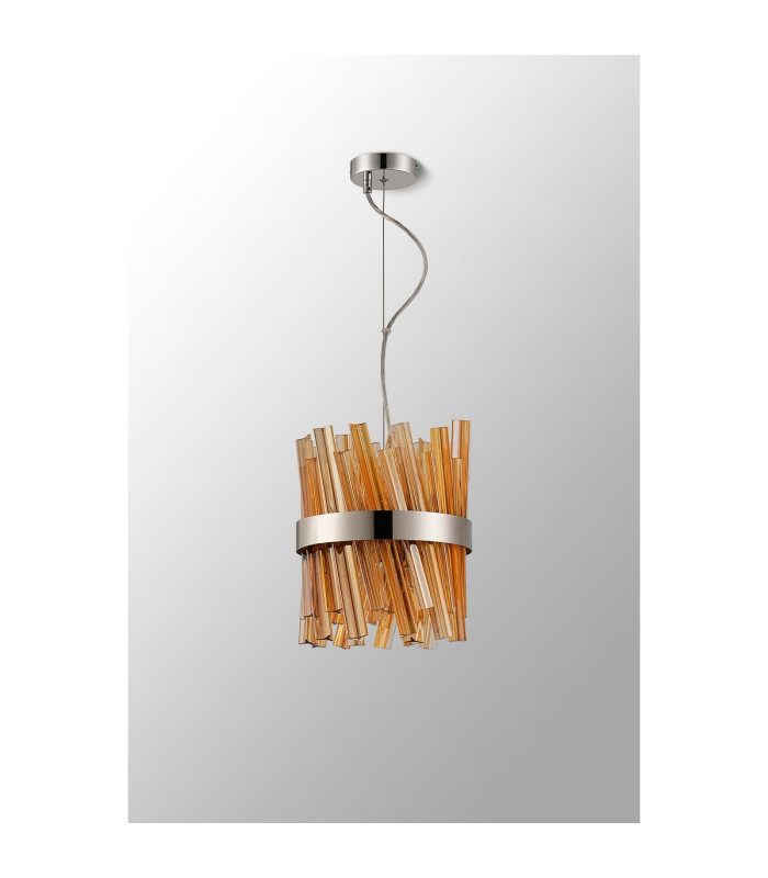 Lysander Pendant Round 25cm 6 Light G9 Polished Nickel / Amber Sculpted Glass-11