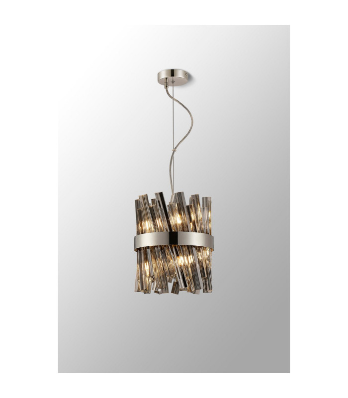 Lysander Pendant Round 25cm 6 Light G9 Polished Nickel / Smoke Sculpted Glass-3