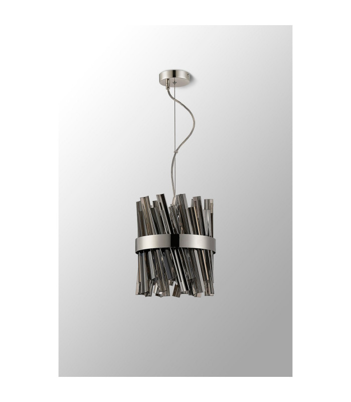Lysander Pendant Round 25cm 6 Light G9 Polished Nickel / Smoke Sculpted Glass-11
