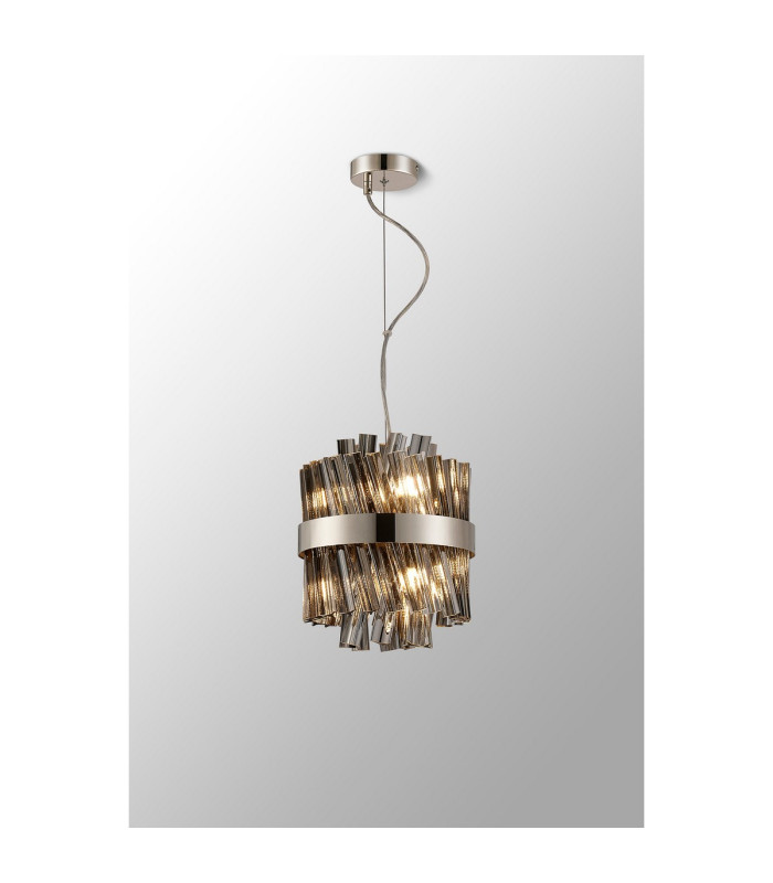 Lysander Pendant Round 25cm 6 Light G9 Polished Nickel / Smoke Sculpted Glass-12