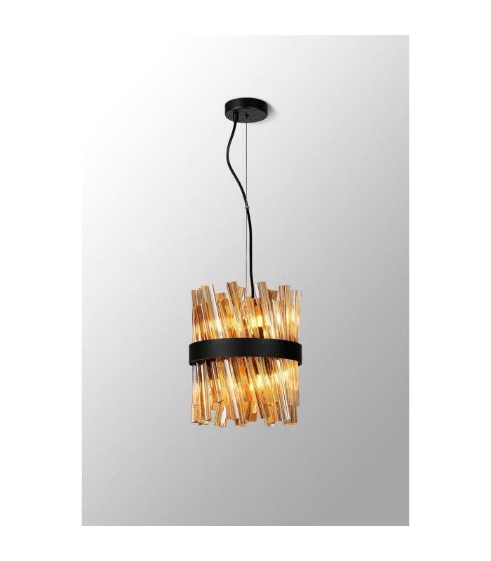 Lysander Pendant Round 25cm 6 Light G9 Satin Black / Amber Sculpted Glass-3