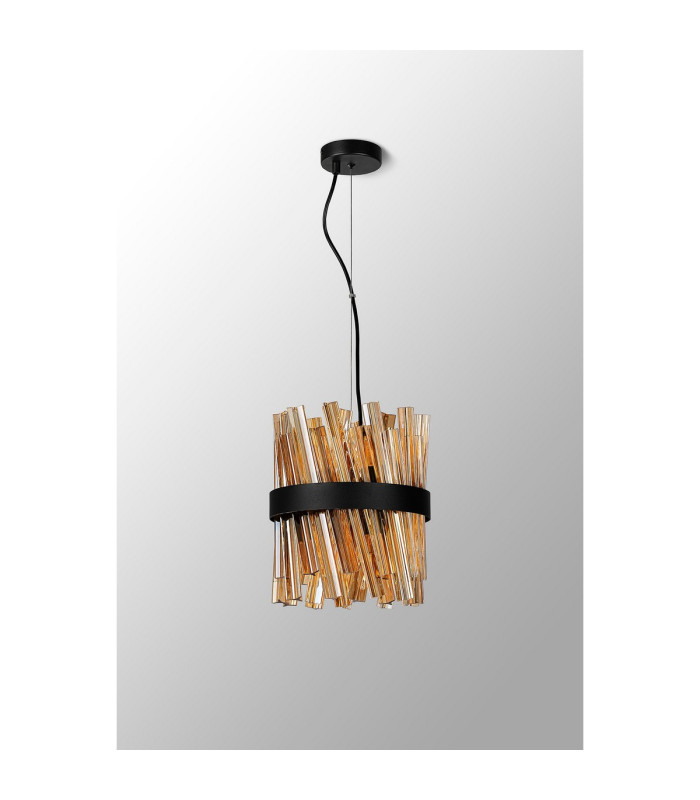 Lysander Pendant Round 25cm 6 Light G9 Satin Black / Amber Sculpted Glass-11