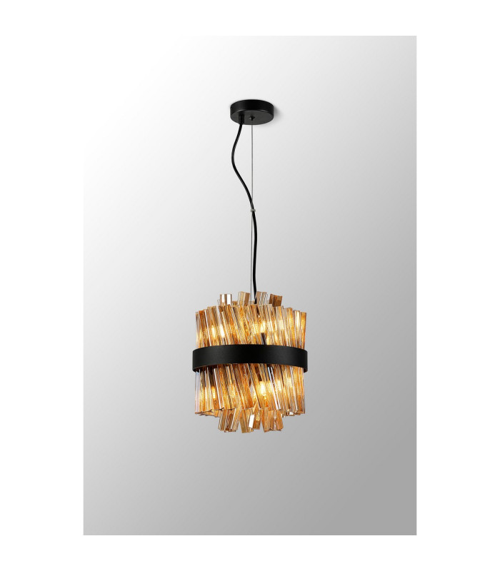 Lysander Pendant Round 25cm 6 Light G9 Satin Black / Amber Sculpted Glass-12