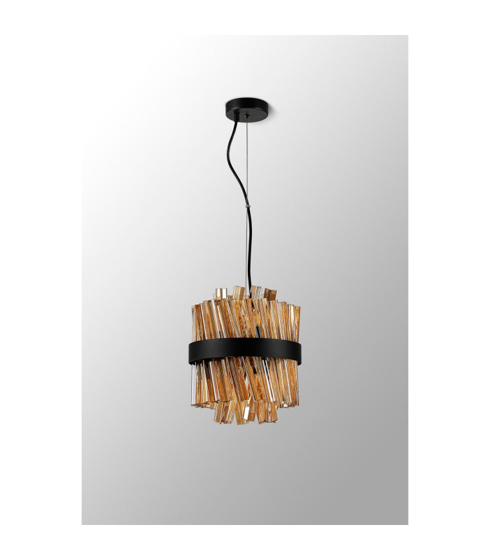 Lysander Pendant Round 25cm 6 Light G9 Satin Black / Amber Sculpted Glass-13