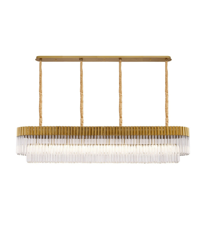 Poland 200 x 40cm Linear Pendant 10 Light E14 Brass/Clear Sculpted Glass Item Weight: 53kg-1