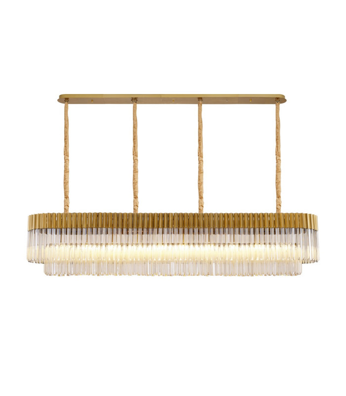 Poland 200 x 40cm Linear Pendant 10 Light E14 Brass/Cognac Sculpted Glass Item Weight: 53kg-1